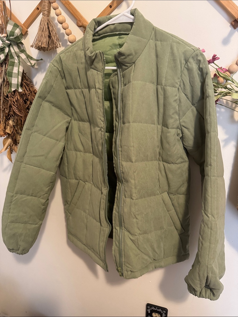 Light Olive Green Quilted Puffer Jacket